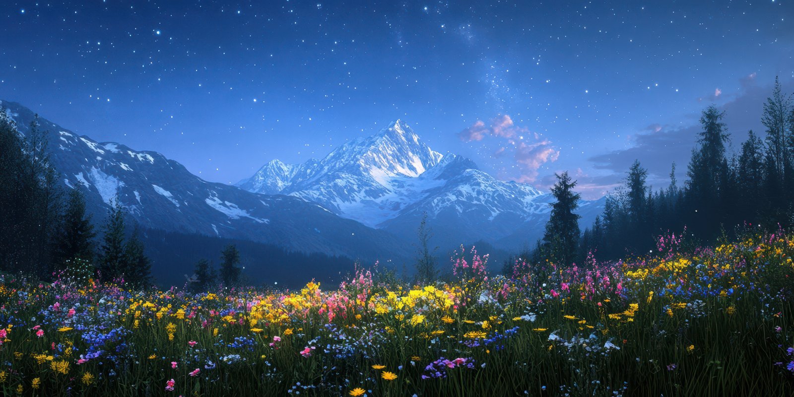 Mountain landscape under a starry sky with a colorful wildflower meadow at twilight